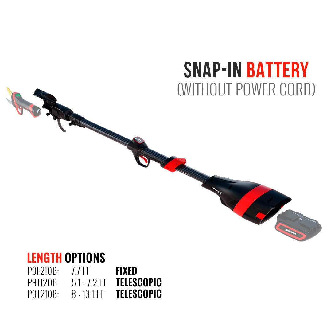 INFACO carbon fiber extension pole with snap-in battery option for F3020 pruning shear